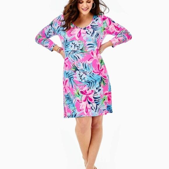 Lilly Pulitzer Kaisley Dual Neckline UPF 50+ Swing Dress Cockatoo Pink Large - Picture 1 of 14